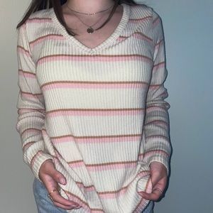 Pink and tan striped white sweater